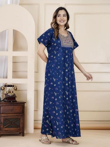 Image of DIAMO Pure Cotton Embroidery Nighty for Women, Cotton Night Gown, Night Maxi Gown, Cotton Nighty with a Pocket and Adjustable Knot