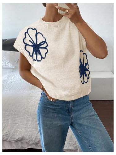 Image of SOLY HUX Women's Short Sleeve Sweater 3D Floral Sweaters Pullover Tank Tops Knit Vest Trendy Fashion Clothing
