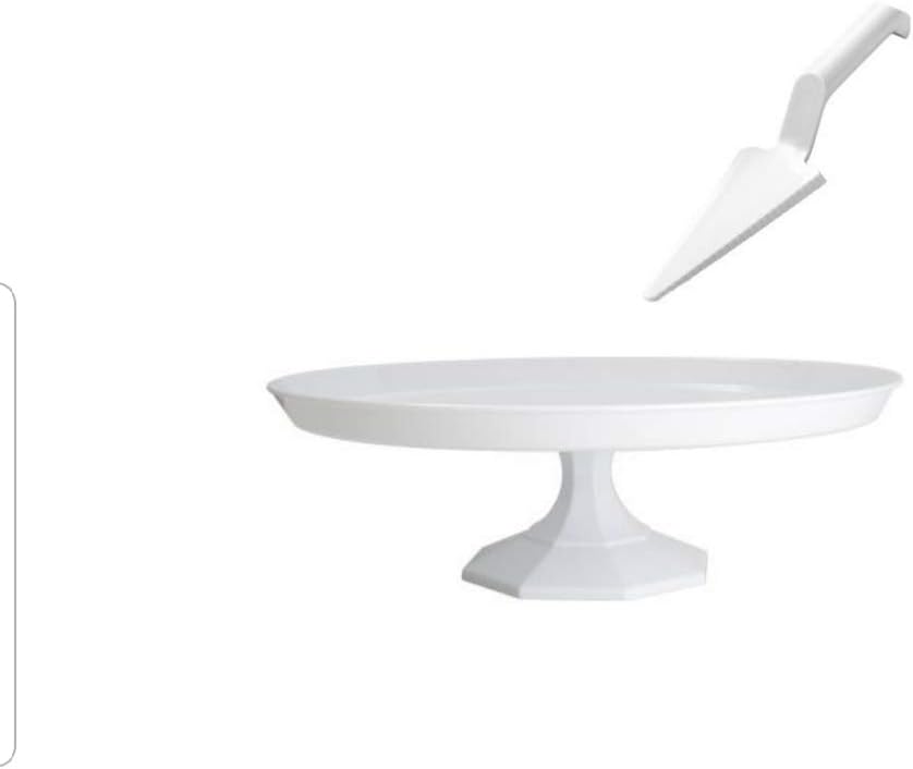 Elegant White Plastic Cake Stand With Cake Cutter - 25 cm (9.75") - White