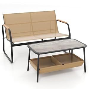 FANTASK 2-Sitzer Sitzbank mit Couchtisch aus Textilene, Gartenbank mit 2 Stauraumfächern, Balkonmöbel-Set, Gartengarnitur, Gartenmöbel, Kaffeetisch, Sitzgruppe für Garten & Balkon