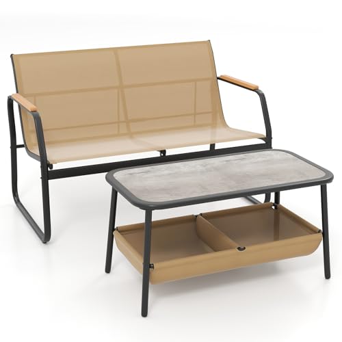 FANTASK 2-Sitzer Sitzbank mit Couchtisch aus Textilene, Gartenbank mit 2 Stauraumfächern, Balkonmöbel-Set, Gartengarnitur, Gartenmöbel, Kaffeetisch, Sitzgruppe für Garten & Balkon
