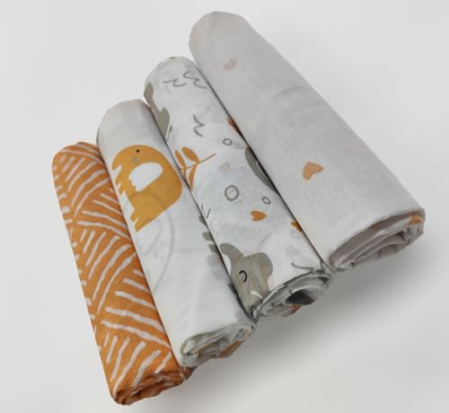 Image of Trance Home Linen Super Ultra Soft 100% Cotton Malmal Baby Swaddle Cloth | Baby Wrap for New Born Babies | Skin Frindelly Soft Baby Towel |New Born Swaddles-(100x100 Cm, Terra Tots,Pack of 4)