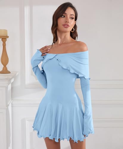 Image of Off The Shoulder Dresses for Women Long Slv Ruffle Bodycon Graduation Dress