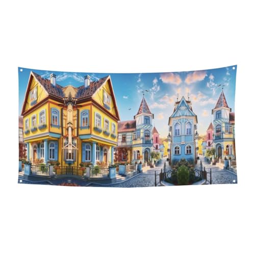 MINDBBDFJ Colorful Classic Houses Print Banners And Signs For Outdoor/Indoor,Personalized Banner Customizable Parties Halloween Banner (180x90cm)