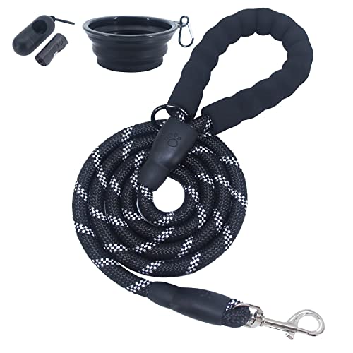 5 Ft 1/2 '' Comfortable Soft Padded Handle Dog Leash Reflective Threads Braided Nylon Rope Dog Leads With Poop Bag Holder And Foldable Silicon Water Bowl (Black) #TOP4