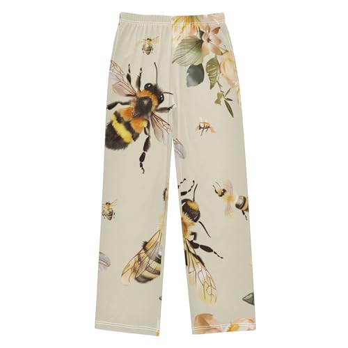 Lovely Bee Floral Boys Long Pants Soft Trousers Elastic Waist Kids Lounge Bottoms with Pockets S-XL
