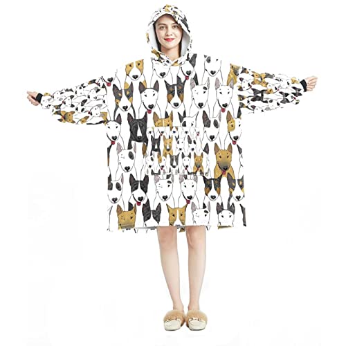 Übergroße Kapuzenpullover, Decke, Sweatshirt, Sherpa-Flanell, tragbare Decke, Hoodies mit Tasche für Erwachsene, Männer, Frauen, buntes Bullterrier-Hundemuster Cover