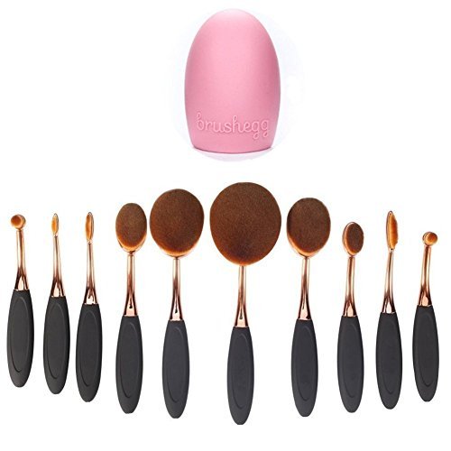 Multi-function Oval Makeup Brushes 10pcs Fashionable Super Soft Toothbrsh Makeup Brush Set Face Powder Concealer Foundation Brush (Rose Gold Black) + Makeup Brush Cleaner Egg by Beauty Kate