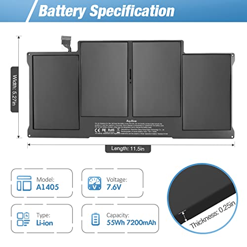 Rayhom A1466 Laptop Replacement Battery For Macbook Air 13 Inch A1466 (Mid 2012,Mid 2013,Early 2014, Early 2015,2017) A1369(Late 2010,Mid 2011 Version) High Performance 7200Mah Fits A1496 A1405 A1377 #TOP1