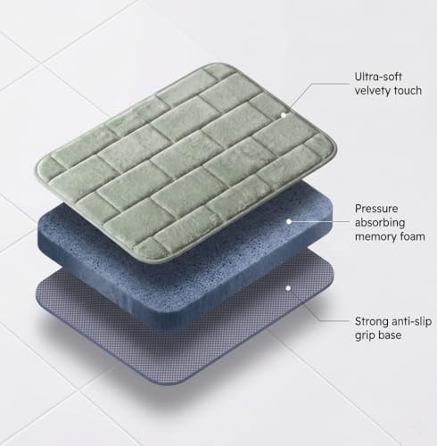 Image of Memory Foam Bath Mat for Bathroom & Kitchen | Anti-Skid Soft Floor Mat for Bedroom | Super Absorbent Quick Dry Microfiber Rug | Machine Washable Indoor Floor Mat | Sage Green | 40x60 cm