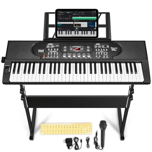 Image of 61 Key Portable Keyboard Piano with Stand, Electronic Keyboard Piano Kit, Microphone, Note Stickers, Music Rest, Digital Music Keyboard Built-In Speakers for Beginners