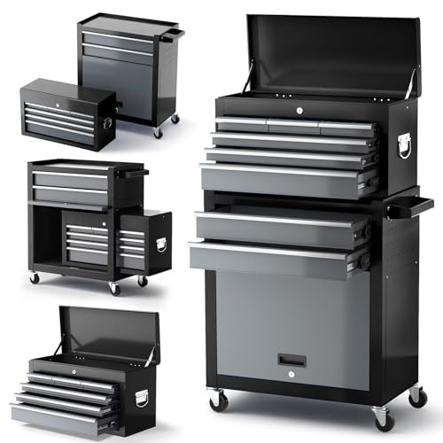 AIRAJ Servante d'atelier à Huit Tiroirs | Grande Servante Atelier Roulante de 42 Pouces avec Roues | Local d'entretien de Garage, Armoires de Stockage d'entrepôt | Noir