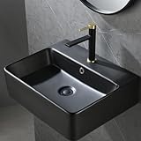 IKEBANA Wall Mount Sink Black, Vessel Bathroom Sink 21'X 17', Modern Floating or Countertop Ceramic Washing Bathroom Sink, Rectangle Wall Mounted Lavatory Sink Black