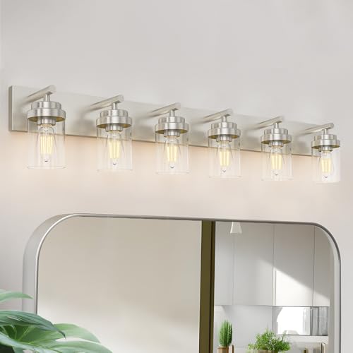 Image of IZORRO Bathroom Vanity Light Fixture, 6-Light 46 Inch Brushed Nickel Bathroom Light Fixtures Over Mirror, with Clear Glass Shade, Modern Farmhouse Vanity Lights, Rustic Restroom Lighting Fixtures