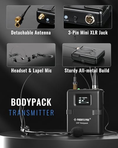 Phenyx Pro Wireless Microphone System, True Diversity Dual Cordless Microphone Set w/UHF Handheld/Bodypack/Headset/Lapel Mics, Auto Scan, 2x1000 Channels for Stage & Studio (PTU-2U-1H1B)