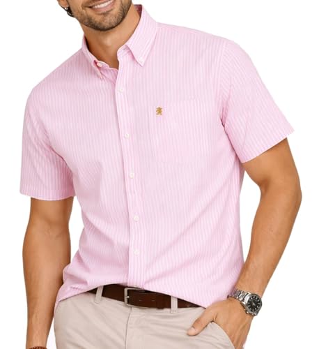 Image of Mens Short Sleeve Oxford Shirt Plain or Stripe,Classic Fit,Button Down Collar & Pocket. Holiday Apparel Leisure Shirts. By Janeo British Apparel. Tickle Me Pink Stripe, 2XL