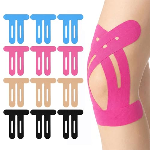 EJRUP 12 Pièces Tape Kinesiologie Genou Prédécoupées Strap Sportif Sport Tape Élastiques et Imperméables Bande de Kinésiologies pour Le Sport (Multicolore)