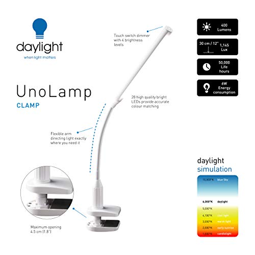 Daylight Company LLC UN1410 Daylight Uno LED Art & Craft Lamp with Clamp-White