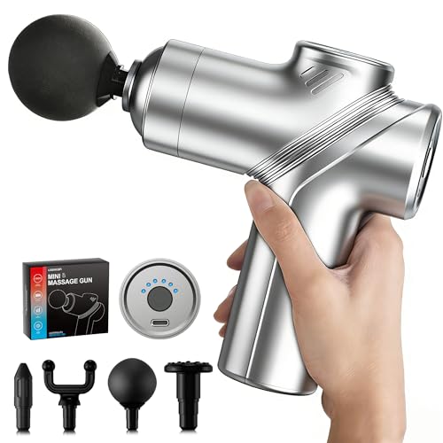 LEERCON Deep Tissue Mini Massage Gun, Muscle Percussion Massager for Athletes, 4 Massages Head and 6 Speeds for Pain Relief, Grey