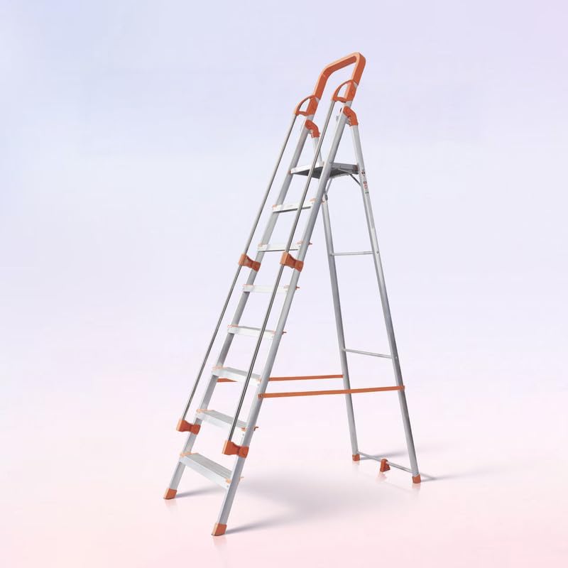 Houza 8 Step Foldable Aluminium Step Ladder with Railing for Household, Lightweight and Anti-Slip Multipurpose 250 Kg Load Bearing with 5-Year Warranty