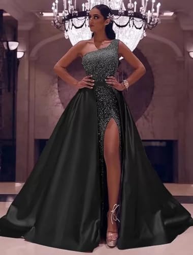 Dymaisei One Shoulder Sequin Prom Dresses 2025 Long Satin Mermaid Ball Gowns Sparkly Formal Dresses with Detachable Train2