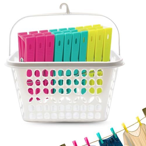 TECHZOCO Cesta Pinzas para Tender Ropa con Colgador, Cesta de Tender, Bolsa para Tender, 25 cm Largo x 18 cm Fondo x 14 cm Alto, Incluye Pinzas, Color Blanco