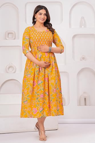 Image of The Moon Star Women's Cotton Floral Printed Anarkali Maternity Feeding Kurti | Breastfeeding Dress for Mothers | Zipper Feeding Kurti,Nursing Kurti, Comfortable and Trendy Maternity Wear