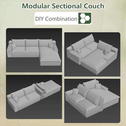Image of 107 inch Cloud Couch Modular Sectional Sofa for Living Room, L-Shape Boneless Couch with Deep Seat, Modern Corduroy 3-Seater, No Assembly Required (Green,Right-Facing Chaise)