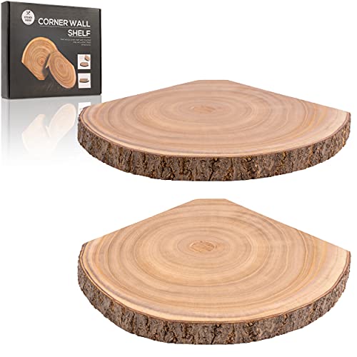 Image of KitchenMania Corner Wall Shelf,Corner Floating Shelves Set of 2, Wood Slices with Bark Decorations Style,Wall Mount Storage Display for Bathroom,Kitchen,Living Room Decor,Bedroom,Office,Plant