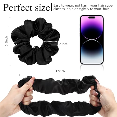 Image of Chuangdi 6 Pieces Big Satin Scrunchies for Women, Jumbo Silk Scrunchies Thick Elastic Jumbo Hair Tie Galentine Valentine's Day Gifts(Black)