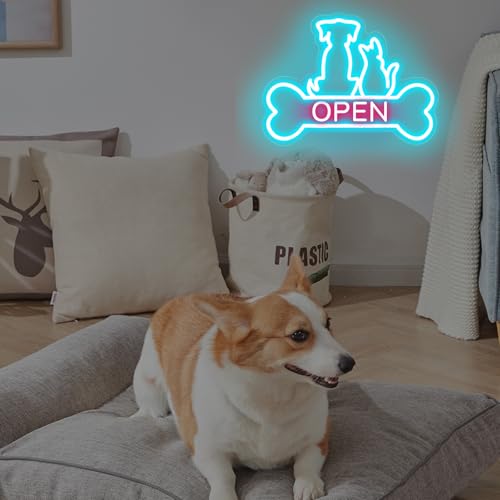 Image of Pet Shop Open Neon Sign Cute Dog And Cat Open LED Light | Bright Pet Grooming Salon Light Animal Shelter Storefront Decor Vet Clinic Window Decor, Ice Blue+Light Pink, 16.5 inchx12.4 inch
