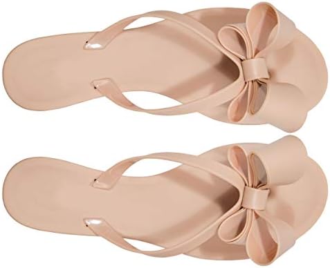 BOMBELLA Women's Bow Sandals Bowtie Jelly Flat Thong Rubber Strap Summer Flip Flop Beach Rain Shoes (Nude, 9) | Image 2