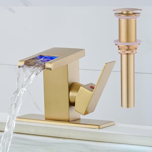 Image of AVSIILE LED Bathroom Sink Faucet, Brushed Gold, Waterfall, Side Handle