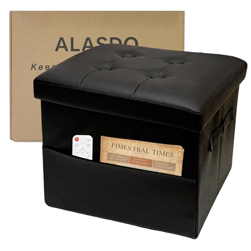 Image of ALASDO Storage Ottoman Footrest Stool Small Ottoman with Storage Foldable Ottomans Foot Rest Footstool Bench for Living Room 17x13x13inches Black