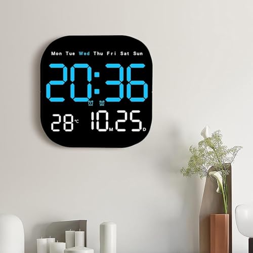 Image of 15-Inch Digital Wall Clock with Large LED Display - Remote Control, Auto-Dimming, Night Light, Date, Day, Temperature, DST Function - Ideal for Living Room, Bedroom (Square 9 inch Blue)