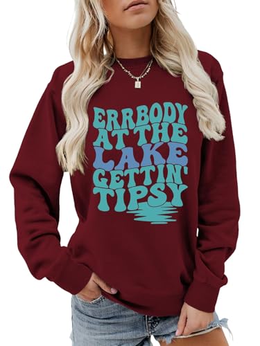 Err Body At The Lake Gettin' Tipsy Lake Life Trendy Sweatshirt Crew Neck Lightweight Pullover Long Sleeve Top
