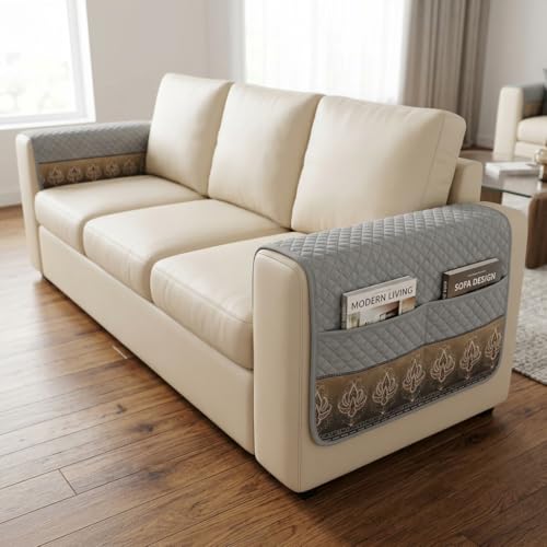 Image of KINGLY Armrest Cover with Pocket | Anti-Slip Sofa Arm Protector | Washable Arm Cover | Warm Grey