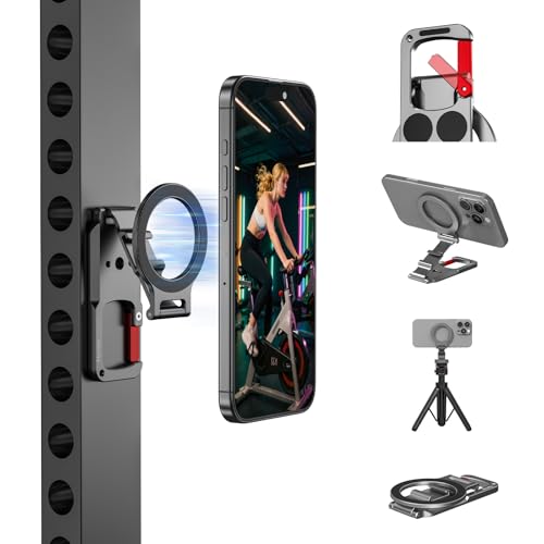Magnetic Phone Mount for MagSafe, Maglock Tripod Adapter Magnet Golf Gym Workout Stand Metal Carabiner Dual Holder with 1/4 Screw Hole, for iPhone 16 15 14 13 12 Series Foldable Portable Accessories