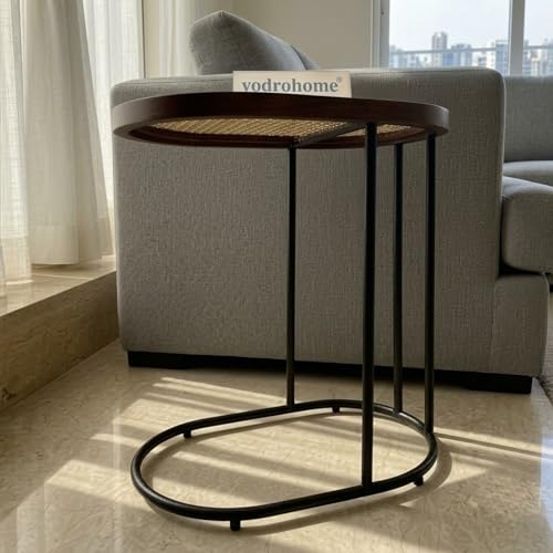 Image of Charcoal Rattan Cane Side Table with Glass top - Bohemian Solid Mango Wood Cane Iron Sofa Side end Table - Wood and Cane Nesting Table S#047 (Honey 1)