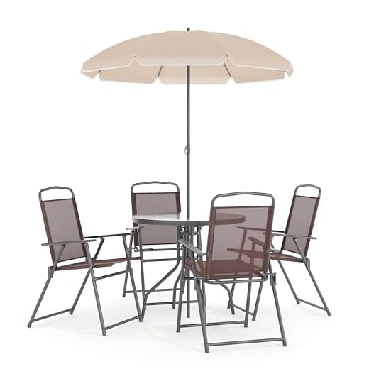 Flash Furniture Nantucket 6 Piece Brown Patio Garden Set with Umbrella Table and Set of 4 Folding Chairs