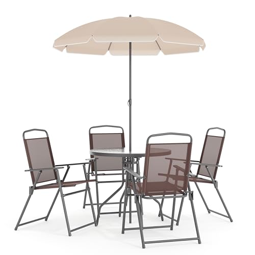 Image of Flash Furniture Nantucket 6-Piece Patio Dining Set with Glass Table, 4 Folding Chairs, and Umbrella, Outdoor Patio Set, Brown