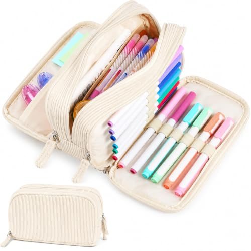 Image of Sooez Big Capacity Pencil Case Pen Pouch, Soft Corduroy Pencil Bag with 3 Compartment, Multiple Pockets, Sturdy Zipper, Cute School Supplies Pen Bag Organizer For Teen Girls College, Beige