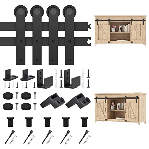 ZEKOO 2.5-8FT New Design Customized Style Interior Super Mini Sliding Barn Door Hardware Black Roller Rails Closet Cupboard Storage Cabinet Kit (5.5FT, Double Door Kit)