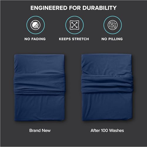 Image of Bare Home Cooling Performance Jersey Knit Stretch Sheet Set, Moisture-Wicking & Breathable, 4-Way Stretch Bed Sheets, Envelope Pillowcases (Queen, Dark Blue)