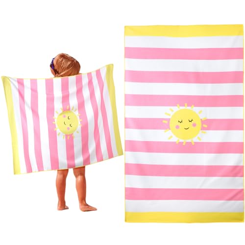 HunnmingRe Kids Beach Towels Girls Boys Cute Beach Towel 50 x 30 Inch Microfiber Absorbent Bath Towel Dry Pool Bath Supplies for Party Gifts Swimming Camping Decoration(Pink Sun)