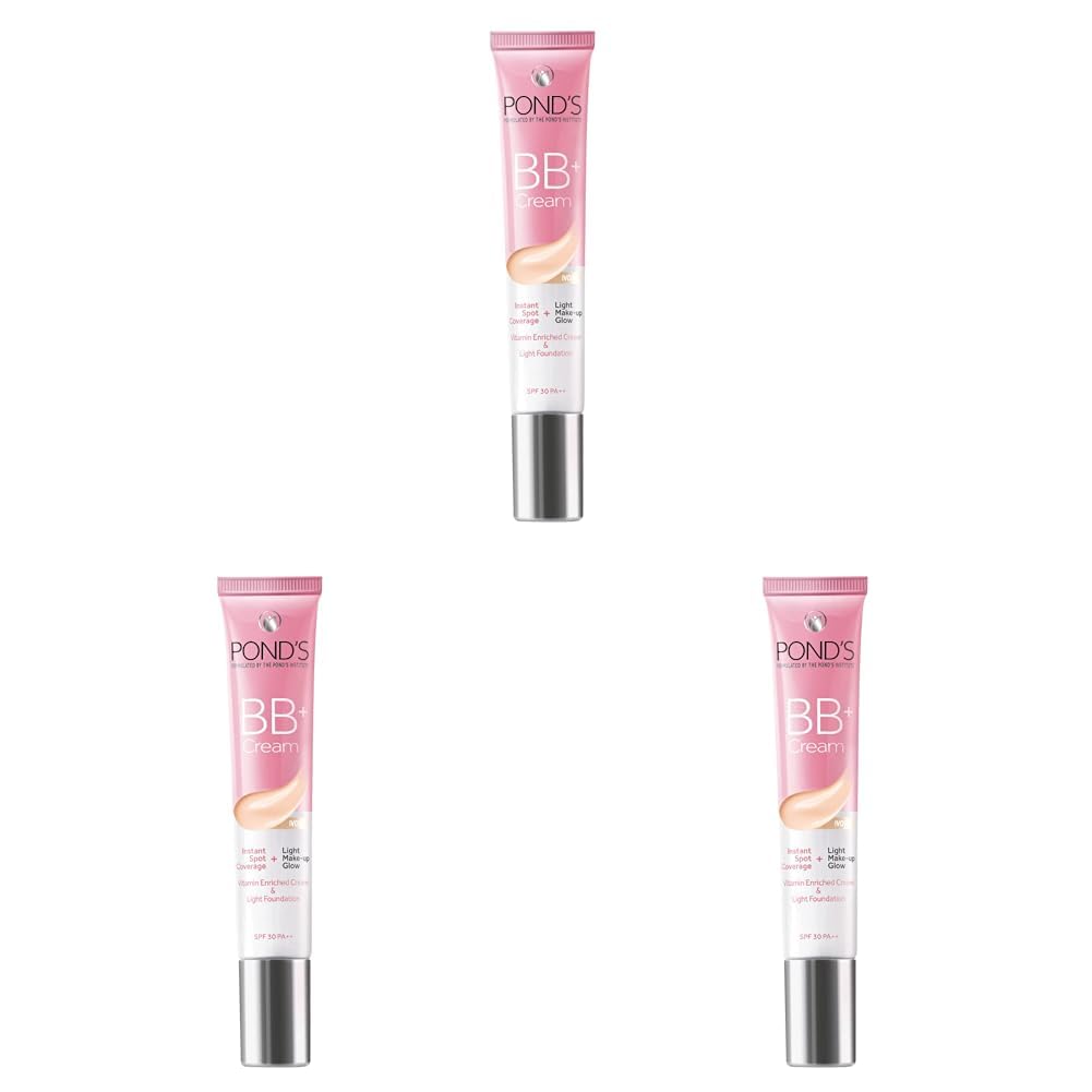 POND'S Bb+ Cream For All Skin Types,Ivory Lightweight Natural Foundation,18G,For Even Skin Tone,With Vitamin Enriched Cream&Light Foundation,Spf 30 Pa++,Instant Spot Coverage,Pack Of 3