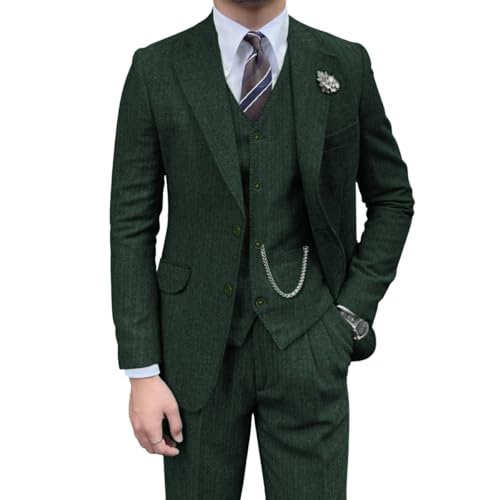 3 Piece Suit Tweed Herringbone Men's Suits Slim Fit Groom Tuxedos Set Prom Jacket Blazer Vest Pants