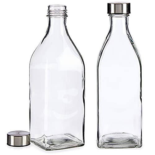 Lot de 2 bouteilles d'eau carrées en verre de 1 l pour boissons, lait, jus et huiles infusées avec bouchon en acier Cover