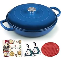Cazuela De Barro Sin Esmaltar Overmont Cacerola Redonda de Hierro Fundido Esmaltado,con Tapa y Asas,Olla Antiadherente Poco Profunda,para Cocinar en Horno Plancha Cocina de Inducción,para Guisar, Paella,31cm,3.5L,Azul