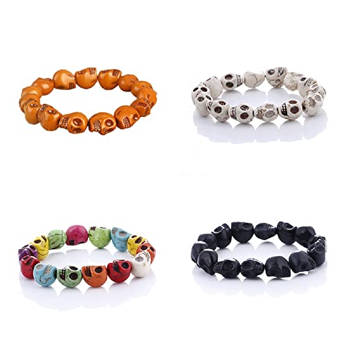 Fuqimanman2020 4pcs Halloween Skeleton Skull Head Bracelets Set Tibetan Prayer Mala Strand Stone Colorful Bead Bone Elastic Adjustable for Women Men Gothic Party Punk Personality Festival Jewelry